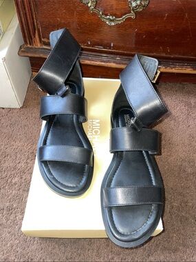 MICHAEL Michael Kors Black Leather Strappy Flat Sandals